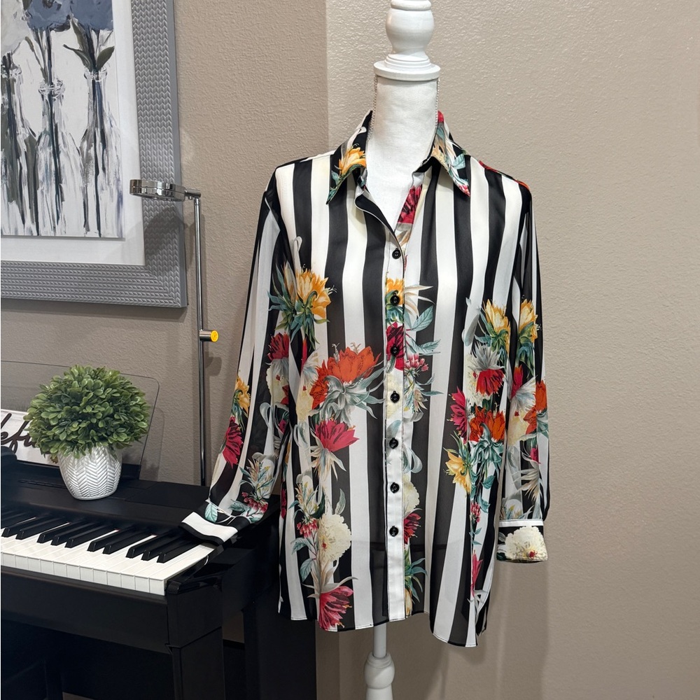 Med Sheer Print Top Blouse 100% Poly Multi Color Black White Stripe by Mishca
